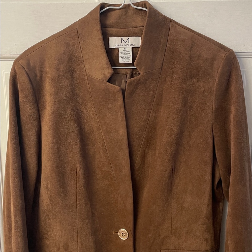Magaschoni brown faux suede one button long blazer jacket women’s size 10